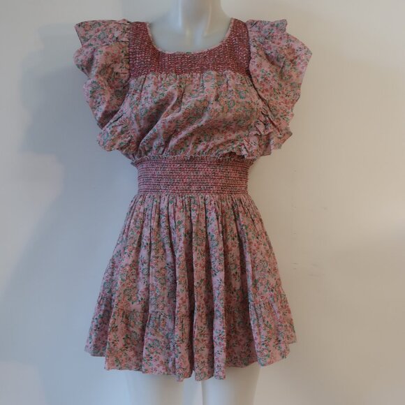 Womens LoveShackFancy Pink Ruffled Floral Smocked Mini Dress XS COLOR: PINK, GRE - Picture 1 of 14